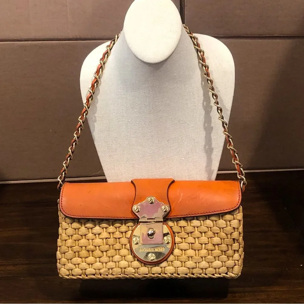 Vintage MICHAEL KORS Rattan Leather Clutch Gold Turn Lock Chain & Leather Strap